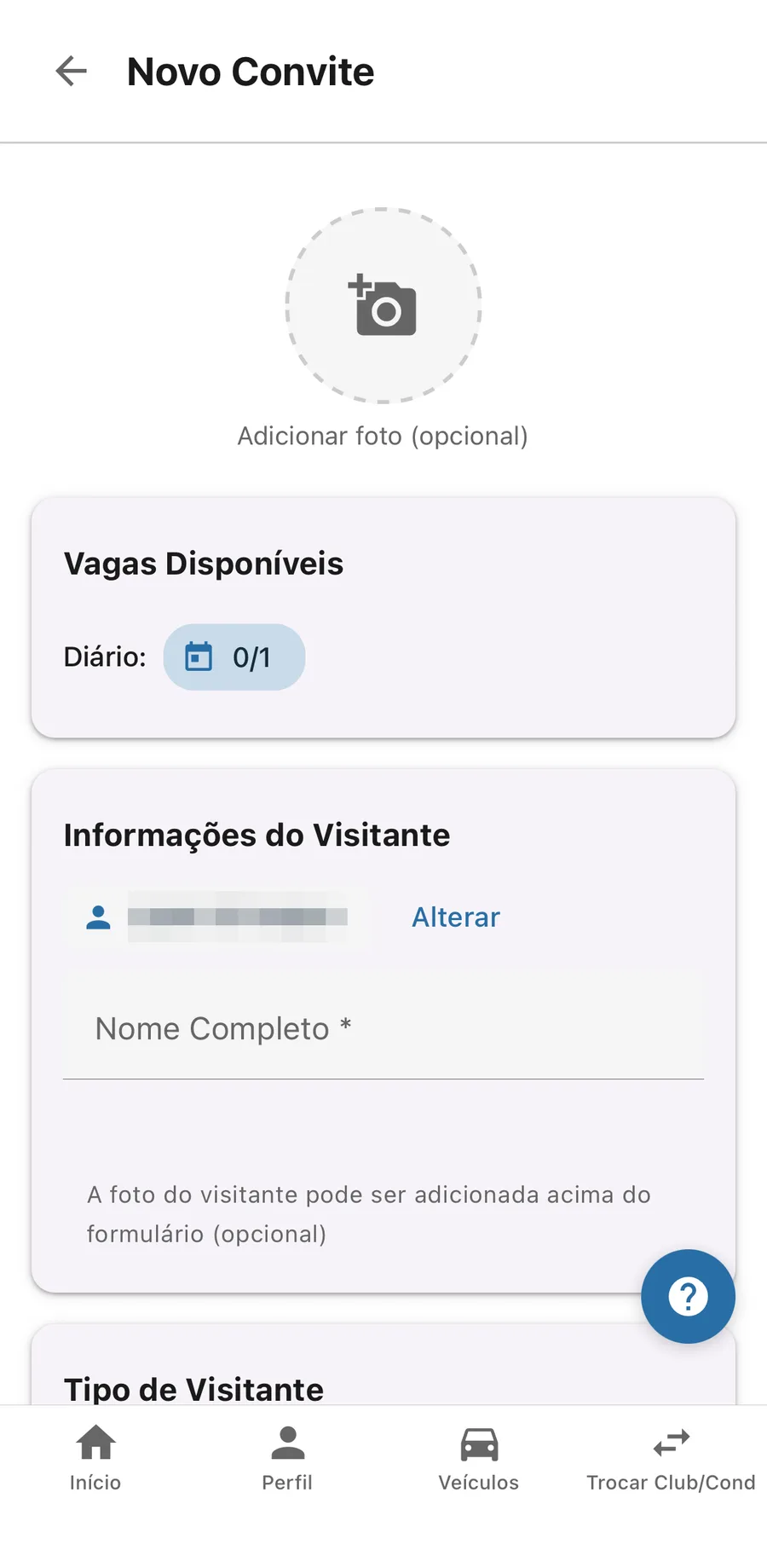 Novo convite no aplicativo: as vagas disponíveis do mês, o documento e o nome do visitante, com foto opcional.